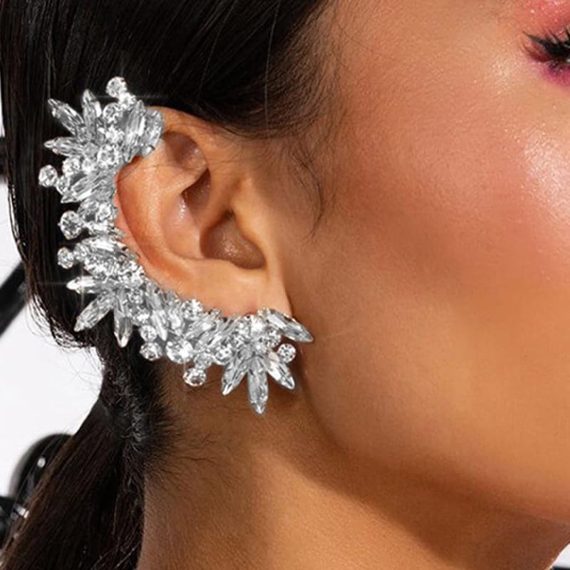 Rhinestone Silver Full Ear Cuff Earrings for Women Ear Clip Wrap Statement Climber Crawler Earrings for Women Hypoallergenic Silver Wedding Jewelry Gifts - color: Right Silver