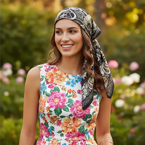 Premium Floral Scarf for Women 35x35 Square Silk Feel-Lightweight Scarves Headscarf Bandanas Wrapping Handbag - color: Black Golden