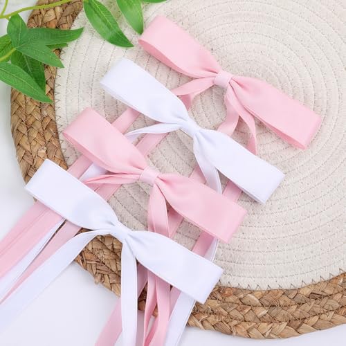 WORTL Hair Bows Clips Coquette Ribbon Bowknot with Long Tail Princess Hair Bows French Barrettes Hair Accessories for Women Girls 16PCS (Pink, White) - color: Pink, White