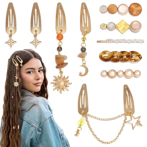 10PCS Hair Barrettes for Women Metal Star Hair Clips Boho Fancy Hair Pins Dangle Moon Y2K Hair Accessories for Women Girls - color: Brown