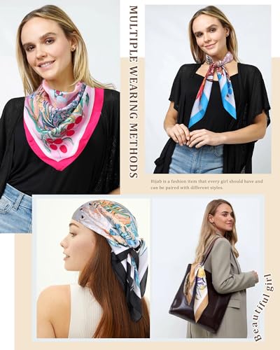 AWAYTR 27.5” Silk Satin Square Head Scarf - 4PCS Satin Head Scarves for Women Hair Kerchief Bandanas Sleeping Head Wraps - color: Flower(pink/Blue/Khaki/Grey)