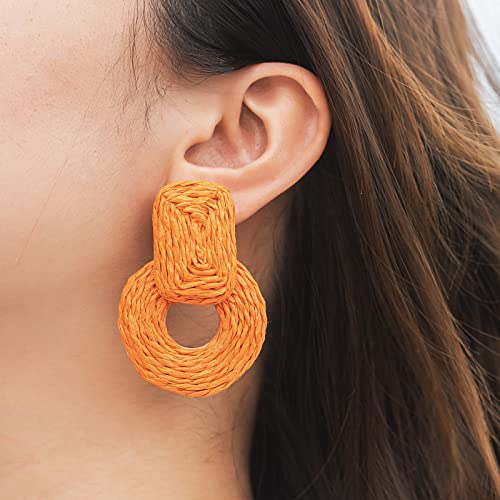 Statement Raffia Earrings Cute Boho Earrings Rattan Dangle Earrings Handmade Straw Wrap Earrings Summer Drop Dangling Earrings for Women Teen Girls - color: Orange