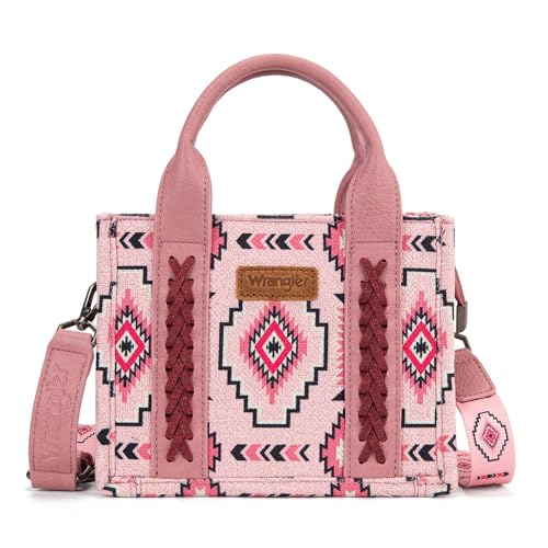 Wrangler Mini Aztec Tote Bag for Women Boho Small Top Handle Purse with Adjustable Strap - color: Boho Pink