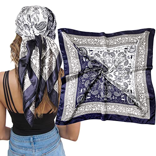 AWAYTR Satin Silk Scarf - Large Hair Bandana, Sleeping Wrap for Women - color: Double-spliced Cashew(navy)