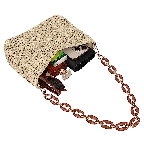 Women Straw Small Crossbody Bag Handmade Woven Shoulder Handbag Summer Beach Purse with Guitar Strap | Straw - color: Beige