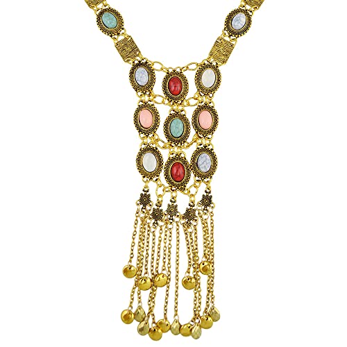 Asphire Bohemian Long Tassel Necklace Vintage Colorful Gemstone Turquoise Necklace Nepal Tibetan Ethnic Exaggerated Statement Accessories for Women and Girls - color: Gold