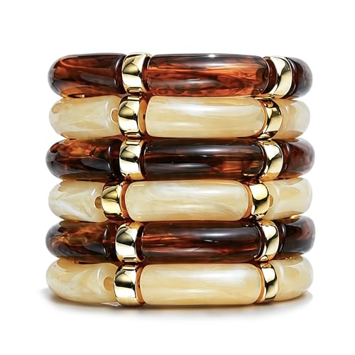 iF YOU 6pcs Chunky Acrylic Bangle Bracelets for Women, Resin Bamboo Brown Stretchy Bracelet Stack, Fashion Jewelry for Women - color: 6pcs-beige & brown bracelets
