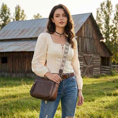 Crossbody Bags for Women, Vegan Leather Medium Crossbody Purse, Spacious Daily Travel Shoulder Bag with Boho Strap - color: Coffee Brown