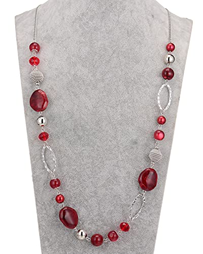 BULINLIN Beaded Long Necklace for Women Silver Sweater Chain Necklace with Crystal Resin Beads, Fashion Jewelry Necklace - color: Red