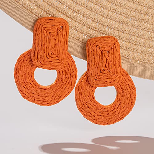 Statement Raffia Earrings Cute Boho Earrings Rattan Dangle Earrings Handmade Straw Wrap Earrings Summer Drop Dangling Earrings for Women Teen Girls - color: Orange