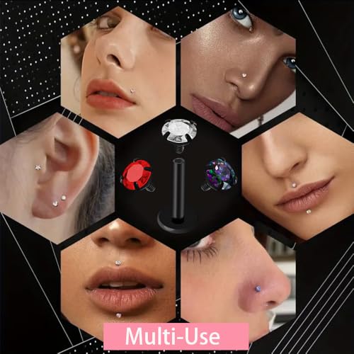 16G 18G Titanium Internal Thread CZ Stud Earrings Flat Back, Silver Black Tragus Helix Conch Cartilage Piercing Jewelry for Women Men 6mm 8mm 10mm Labret Studs 2PCS - color: Black, 16g, 8mm bar, 3mm Red CZ
