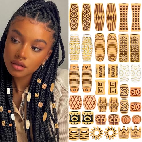 40pcs Plastic Hair Beads for Braids, 20 Styles African Hair Dreadlock Beads Assorted Textures Loc Hair Jewelry Boho Plastic Faux Wood Tube for Women Men Dreadlock Accessories Necklace Bag DIY Crafts - color: 20 Styles Total of 40pcs