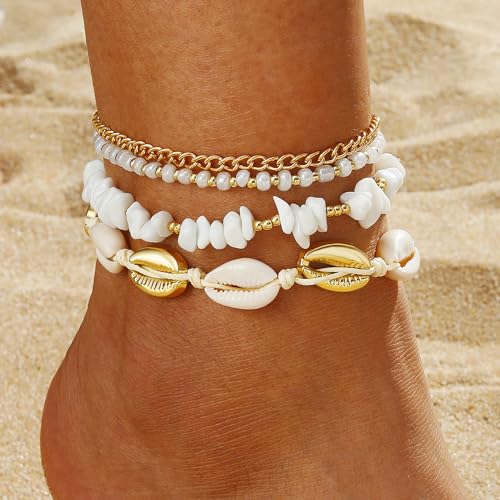 ZMANYIJEW Shell Ankle Bracelet Set for Women, Boho Pearl Adjustable Anklet,Beaded Layered Ankles Bracelets Shell Pendant Elastic Foot Chain Anklets for Women - style: 4pcs