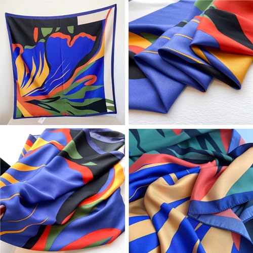 Women's Square Silk Like Head Scarf Large 35 inch Silk Feeling Hair Wrapping Satin Scarves for Sleeping Bandanas - color: A003-3 Twill Blue