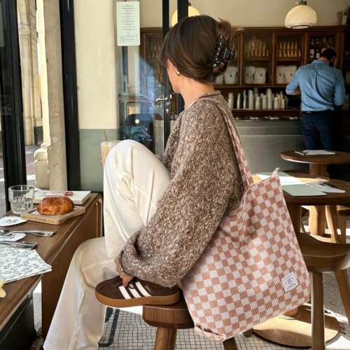 KALIDI Women Corduroy Tote Bag Zipper Casual Tote's Handbag Big Capacity Shoulder Bag with Pockets - color: Checkerboard Khaki