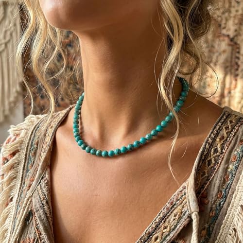 Turquoise Necklace, 6 mm Beaded Necklace for Men, Western Boho Beach Jewelry for Women