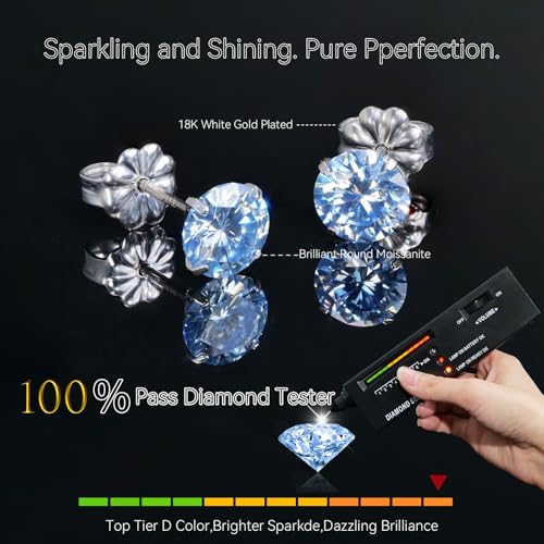 Moissanite Stud Earrings, G23 Hypoallergenic Titanium Stud Earrings for Women Men, Round Cut D Color VVS1 Clarity 18K White Gold Palted Multicolor Moissanite Jewelry, 0.6CT-3.0CT - color: Blue, size: (1.0ct*2)-6.5mm-2.0 Carat