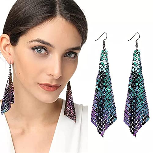 coadipress Metal Mesh Grid Sequins Tassel Long Drop Dangle Earrings for Women Trendy Lightweight Charms Disco Vintage Colorful Long Hook Earrings Bridal Wedding Jewelry - color: Colorful Metal Mesh