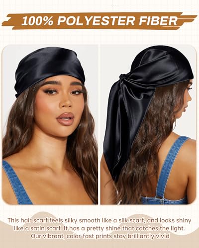 Mesovor 35” Square Head Scarf for Women, 3 Pack Like Silk Satin Headscarf Hair Neck Scarf Top Bandanas for Sleeping - color: Black + Dark Brown + Apricot