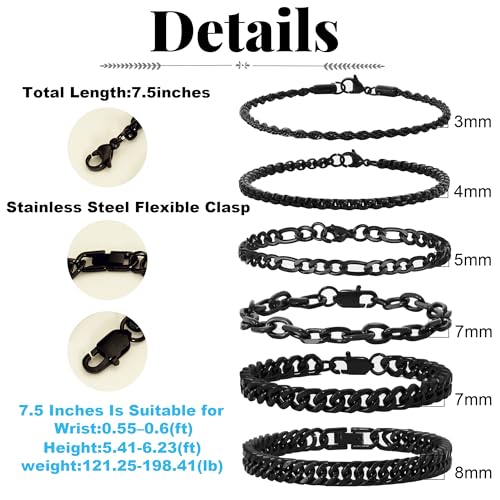 XIANNVXI 6pcs Bracelets for Men Gifts for Him Stainless Steel Bracelet Silver/Gold/Black Cuban Link Rope Paperclip Chain Bracelets Set 6.5/7/7.5/8.3/9 Inches Metal Bracelet Mens Fashion Accessories Jewelry Gifts Set - color: Black, size: 7.5 in-Men Small