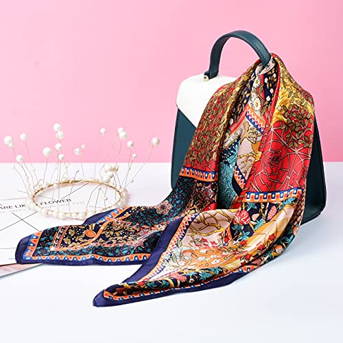 Stlvoll 100% Silk Head Scarf for Women - 27" Hair Scarves Satin Bandanas Square for Night Sleeping with Gift Packed - color: Red/Tree