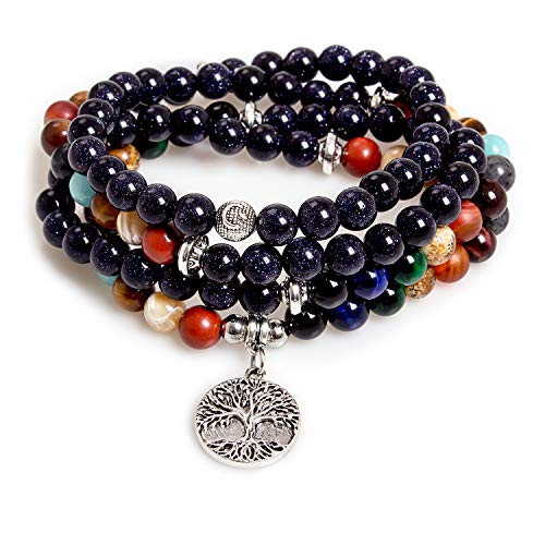 108 Mala Beads Necklace 7 Chakra Buddhist Prayer Beaded Bracelet Tree of Life Pendant Stone Yoga Necklace - color: Solar-Tree