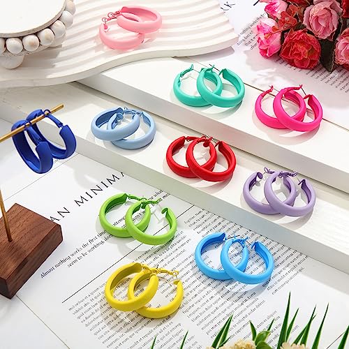 Sasylvia 16 Pairs Colored Hoop Earrings for Women Matte Colorful Hoop 80s Retro Neon Summer Drop Earrings - style: Chunky