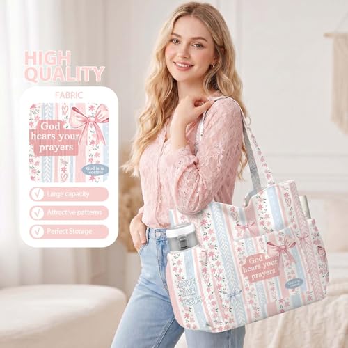 Corduroy Tote Bag for Women,Large Capacity Cute Tote Bags With 6 Pockets,Crossbody Shoulder Handbag for Work Travel Gym - color: Bible Bows