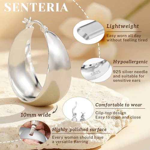 Senteria 12mm Wide Thick Hoop Earrings 925 Sterling Silver Hoop Earrings for Women Hypoallergenic 14K Real Gold Plated Hoops Large Earring Lightweight Chunky Hoops Earring for Women 25/30/40/50MM - color: silver 10-30mm