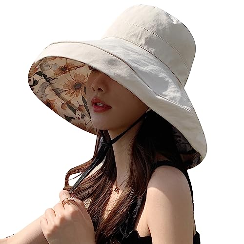 HUAMULAN Women Summer Sun Hat Wide Brim Wired Edge Floral Beach Bucket Hats Reversible Foldable Travel UV Protection Lady Hat - color: M2320-beige