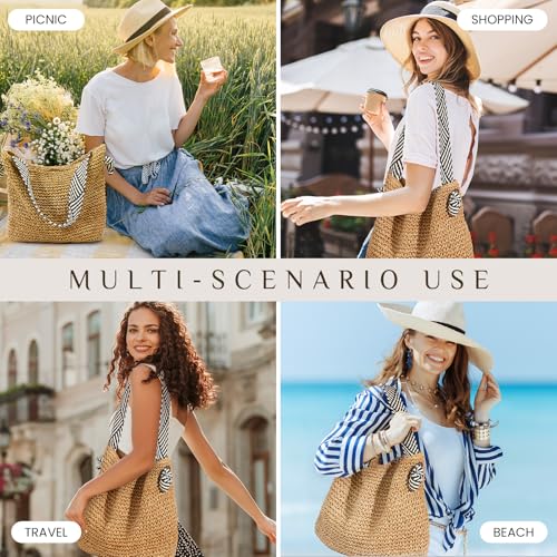 fauson Beach Bags for Women - Straw Bag Tote Bags Casual Boho Large Summer Crossbody Shoulder Handbags Purse - color: Brown Straw Bag
