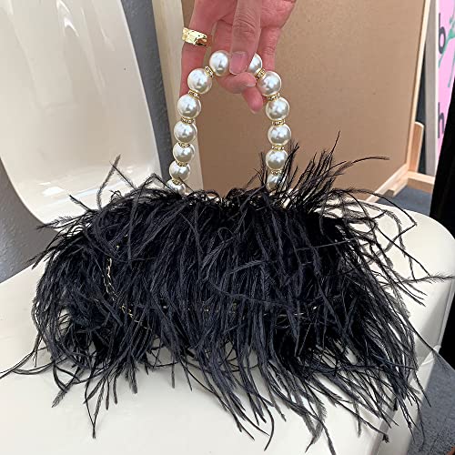 Women Real Natural Ostrich Feather Evening Bags Purses Clutch Vintage Banquet Handbag - color: Black