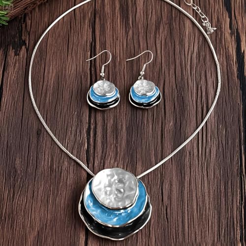 Boho Stud Earring Necklace Set,Vintage Jewelry Set,Trendy Dangle Disc Necklace Jewelry Sets for Women - color: Light-Blue