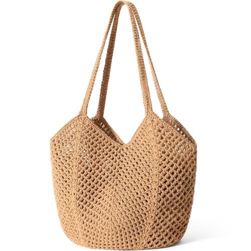 Tavaleu Crochet Tote Beach Bags for Women, Mesh Beach Tote Knit Bag, Summer Vacation Aesthetic Boho Hobo Shoulder Bag - color: Khaki - Mesh Crochet