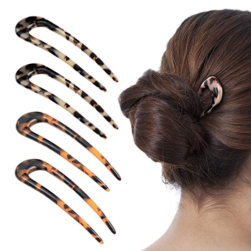 [4 Pack] Benefree French Style Cellulose Acetate Tortoise Shell U Shaped Hair Pin Fork 2 Prong Updo Chignon Pin for Women Girls Hairstyle Accessories（Tortoiseshell and White Tortoiseshell) - color: 4P Tortoiseshell&White Tortoiseshell