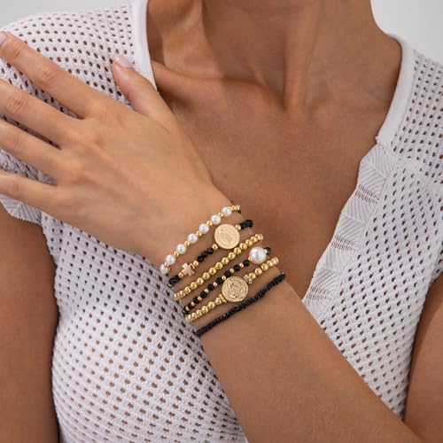 VIBILIA Gold Beaded Bracelets Set for Women 14K Gold Plated Dainty Pearl Cross Bracelet Stack Stretch Bracelet Set Fashion Accessories Gifts - color: 6P-6146K2-Black
