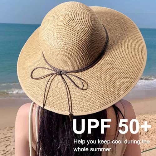 DRESHOW Beach Hats for Women Big Straw Wide Brim Summer Hat Floppy Foldable Roll up Cap Sun Hat UPF 50+ - color: 1 Pack Bowknot Hat: Khaki, 4.7" Brim