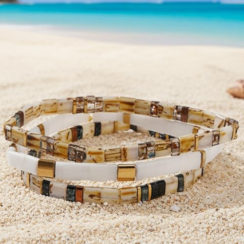 Tila Flat Square Stack Beaded Bracelets Set for Women Men, Boho 3Pcs Romantic Handmade Healing Gold Colorful Stretch Accessories Jewelry, Daily Vacation Party Holiday Friendship Gift - color: Brown White Brown