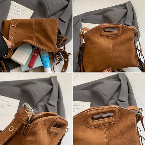 Women's Suede Fringe Crossbody Bag, Retro Hollow Handle Shoulder Purse, Novelty Fashion Tassels Bucket Bag Handbag - color: Brown