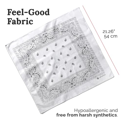 ZENO 100% Cotton & Natural Fibers Bandana Scarf - Soft, Durable, Machine Washable – Unisex for Men & Women - color: White Single