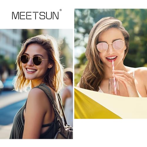 MEETSUN Round Polarized Sunglasses for Women Men Classic Retro Metal Frame Sun Glasses UV Protection - color: (2 Pack) Gold/Grey + Gold/Pink