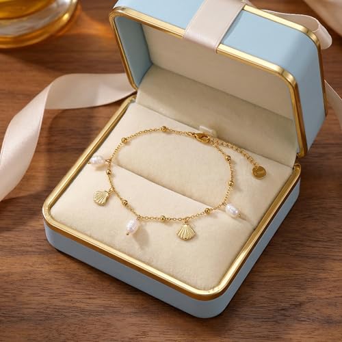 Boho Beads Beach Layered Anklet Set for Women, Handmade Gold Starfish Pearl Shell Anklets Summer Ocean Accessories Jewelry Gift - color: Gold Shell