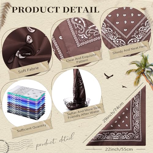 Suhine 12 Pcs Bandanas Bulk for Women Men 22 x 22 Inch Paisley Headband Cowboy Handkerchief Summer Beach Party Costume - color: 12 Colors