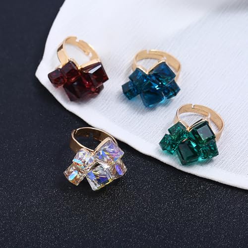 Hebelee Boho Square Crystal Statement Ring for Women Gold-Toned Adjustable Expandable Promise Engagement Geometric Rings Comfort Fit Elegant Art Deco Birthday Christmas Cocktail Party Y2K Jewelry - color: Wine Red