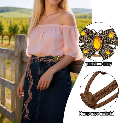 Boho Flower Wooden Bead Waist Belt, Vintage Woven Body Chain, Adjustable Cord Jewelry for Jeans Dress & Beach Wear - color: Yellow