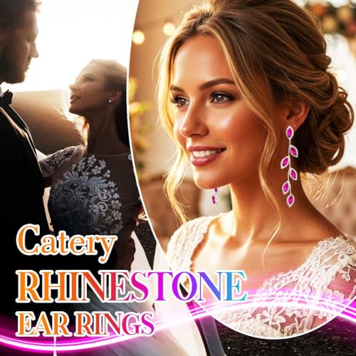 Catery Crystal Wedding Earrings Rhinestones Dangling Earrings Leaf Bridal Ear Jewelry for Brides and Women - color: Hot Pink