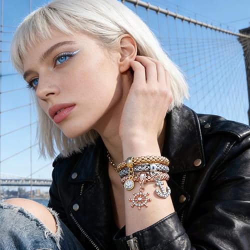 Alegend Titanium Steel (Not Rust, Resist Corruption, Easily Clean) 18K Gold Plated Single Bracelets + 14K Gold Plated Stackable Multilayer Bracelets - style: 14KGold Anchor & Ship Wheel Diamond-Inlaid