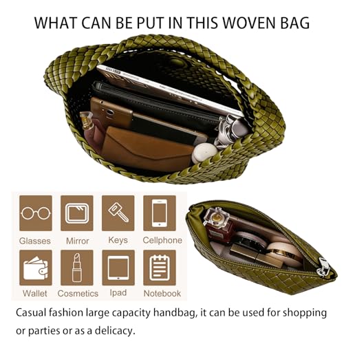 Woven Tote Bag For Women, Large Vegan Leather Travel Handbag, Casual Work Shoulder Bag, Underarm Commuter Hobo Bag With Purse - color: Green
