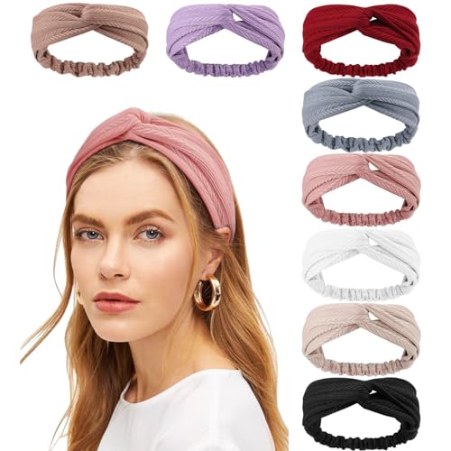 DRESHOW 8 Pack Headbands for Women Yoga Knotted Headbands Elastic Criss Cross Hair Accessories Sports Head Wrap Non Slip - color: 8 Pack: Wheat Patterned a