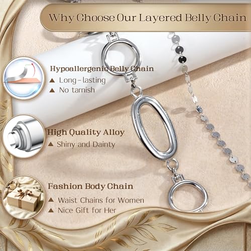 Florideco Waist Chain Belt for Women, Layered Belly Chain, Waterproof Boho Pearl Concho Cuban Body Chain, Adjustable Summer Beach Coachella Fashion Jewelry for Jeans Dresses - style: Silver Plated-Disc Chain